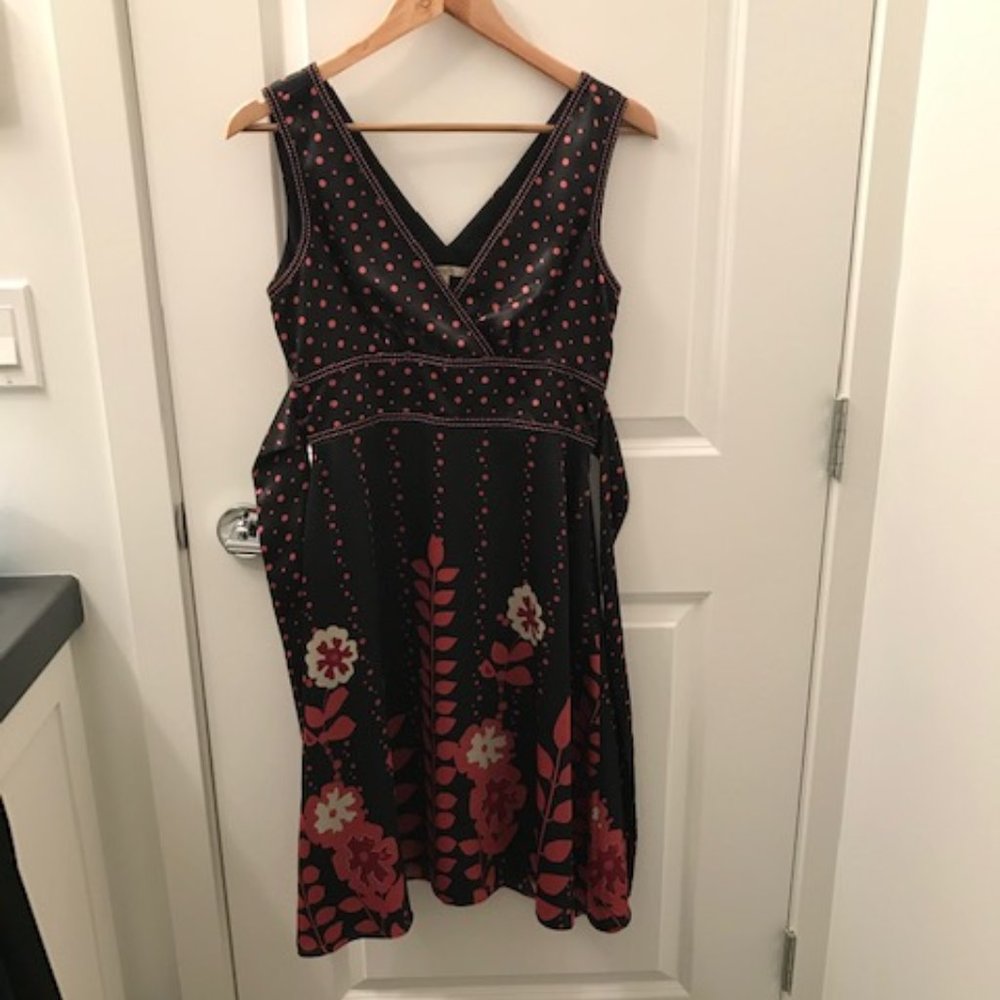 RW&CO Black Satin Dress with Flowers & Tie Waist